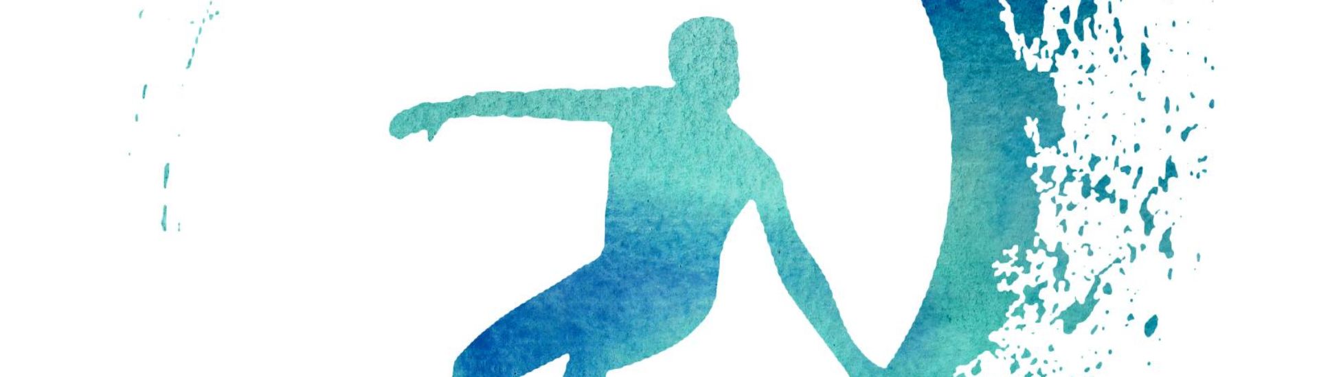 Blue Watercolor Illustration of a Surfer with a wave