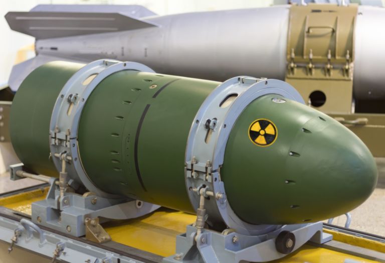 The nuclear warhead on the stand. Weapons of mass destruction. bomb.