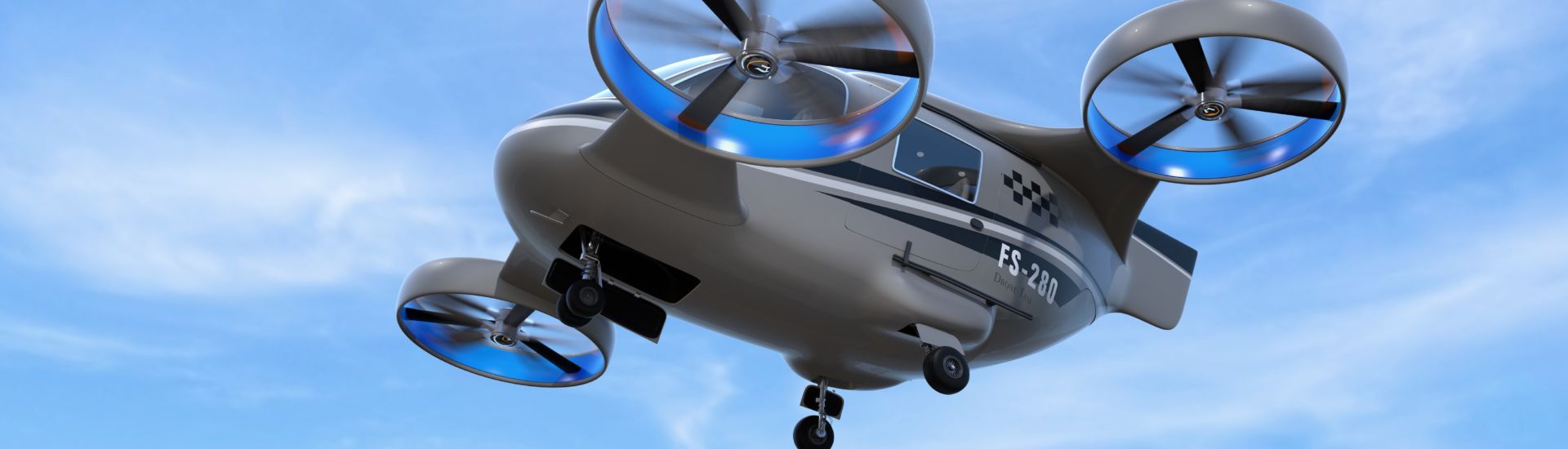 Metallic gray Passenger Drone Taxi takeoff from helipad. 3D rendering image.