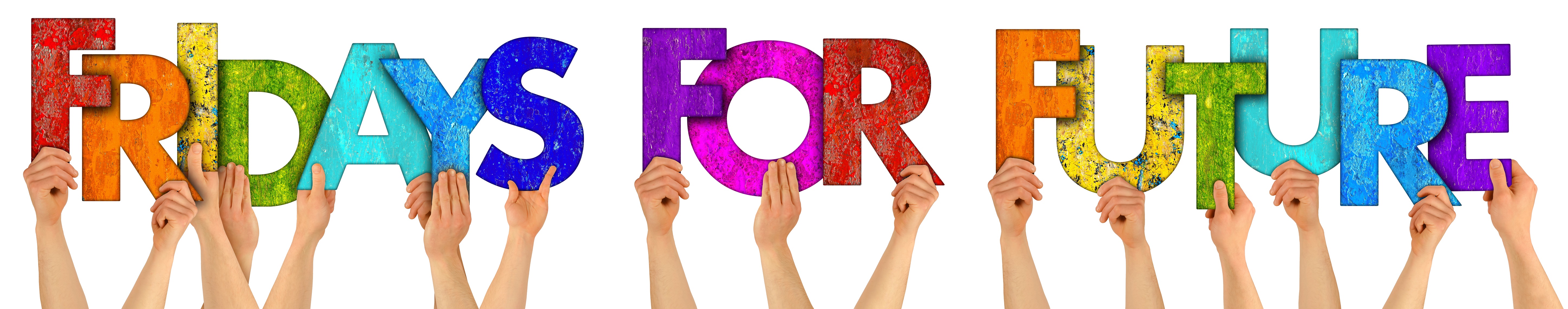 people holding up colorful wooden letter lettering forming the words fridays for future isolated on white background. climate change global warming enviromental school protest concept.