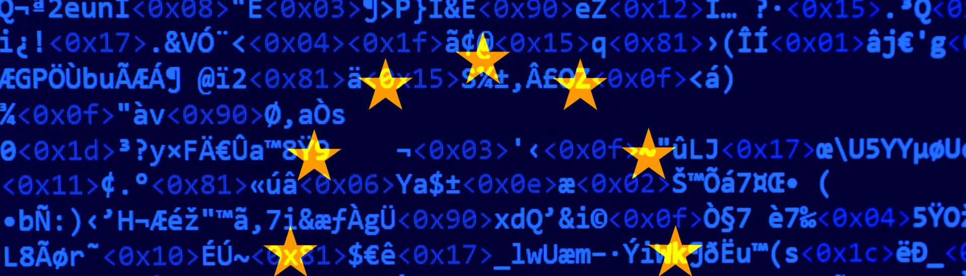 Source code of software with errors and overlaid EU flag. Illustration by European copyright law, European Union directive regarding the protection of copyright on the internet.
