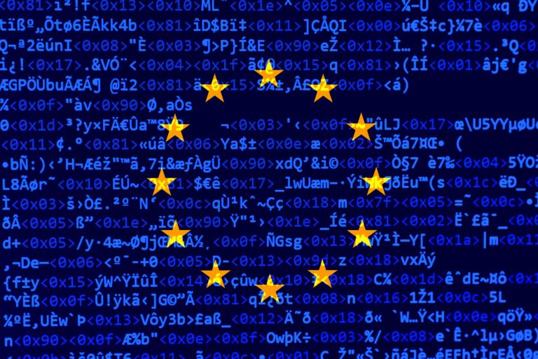Source code of software with errors and overlaid EU flag. Illustration by European copyright law, European Union directive regarding the protection of copyright on the internet.