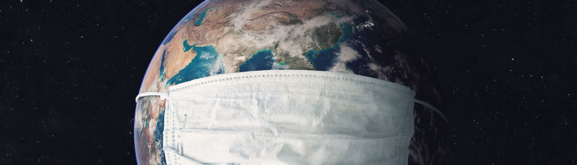 Earth planet in medicine mask fight against Corona virus. Concept of fight against epidemic and climate change. Pollution of the planet by exhaust gases. Elements of this image furnished by NASA