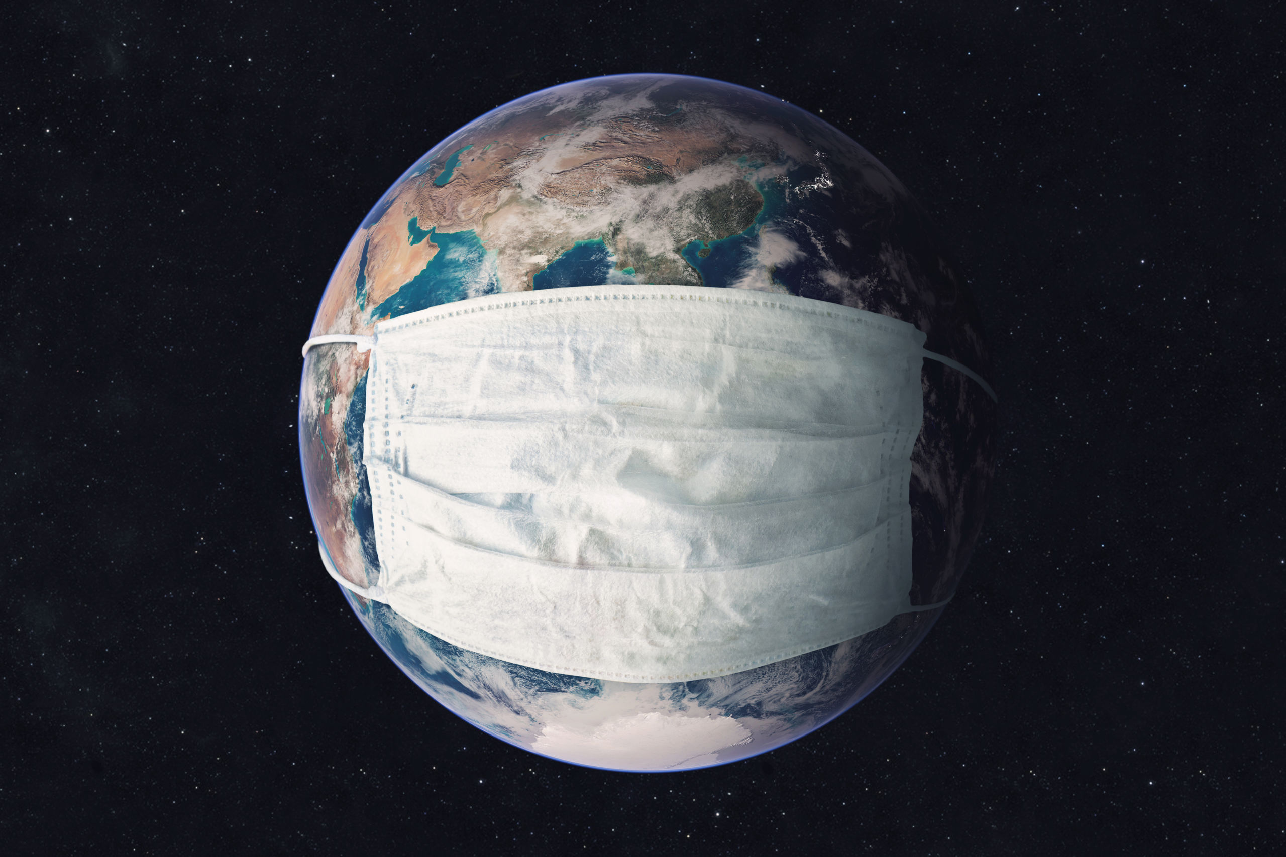 Earth planet in medicine mask fight against Corona virus. Concept of fight against epidemic and climate change. Pollution of the planet by exhaust gases. Elements of this image furnished by NASA
