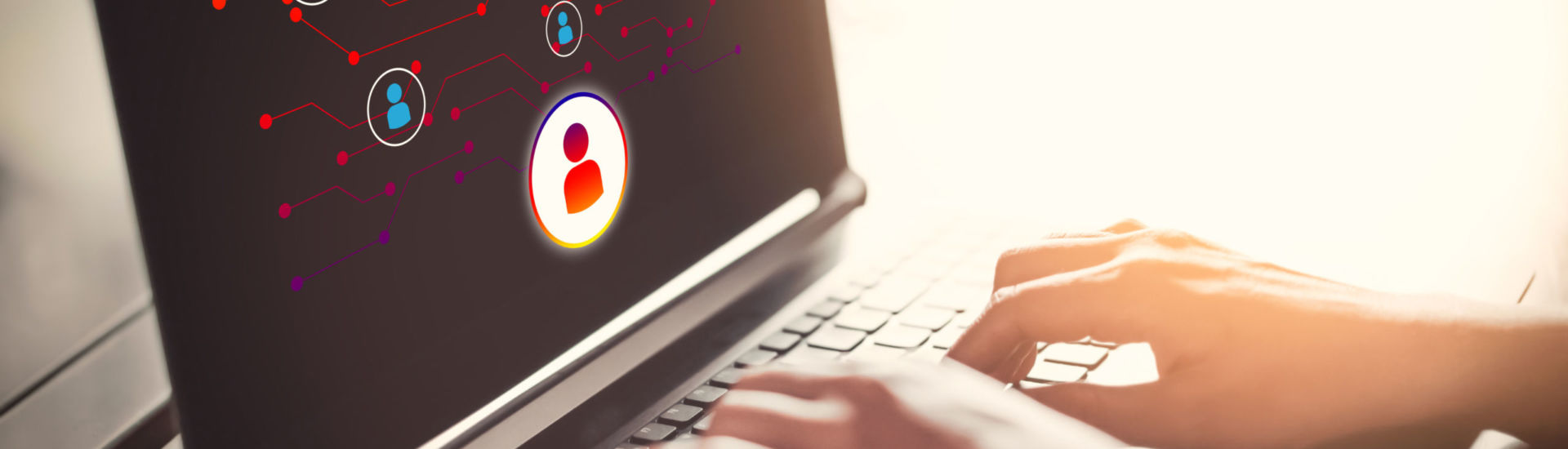 Woman hand using laptop with people icon graphic on monitor background. Working from home video conference and social distancing concept.
