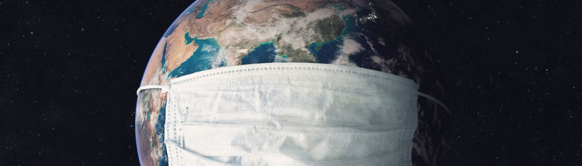 Earth planet in medicine mask fight against Corona virus. Concept of fight against epidemic and climate change. Pollution of the planet by exhaust gases. Elements of this image furnished by NASA