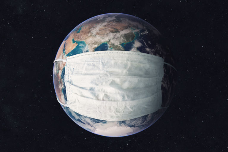 Earth planet in medicine mask fight against Corona virus. Concept of fight against epidemic and climate change. Pollution of the planet by exhaust gases. Elements of this image furnished by NASA