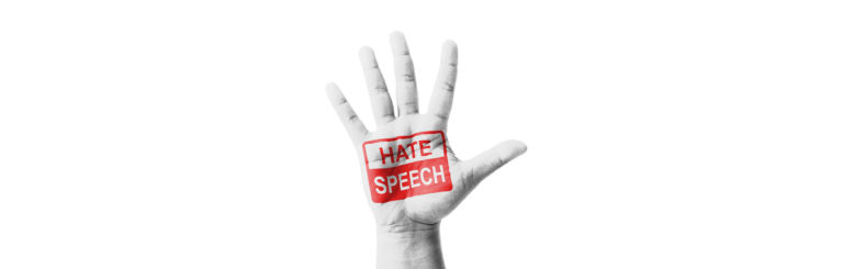 Open hand raised, Hate Speech sign painted, multi purpose concep