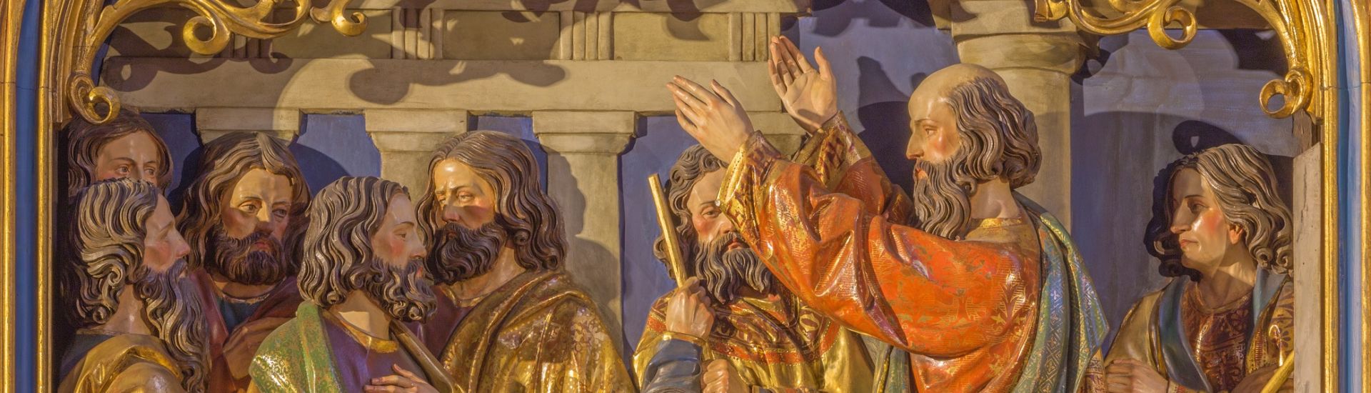 BERLIN, GERMANY, FEBRUARY – 16, 2017: The Sermon of St. Paul in Athens on Aeropagus hill. The carved relief on the main altar of Dominicans church of St. Pauls by unknown artist (1915).
