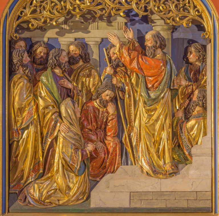 BERLIN, GERMANY, FEBRUARY – 16, 2017: The Sermon of St. Paul in Athens on Aeropagus hill. The carved relief on the main altar of Dominicans church of St. Pauls by unknown artist (1915).
