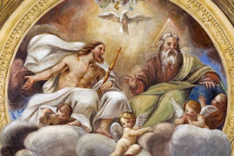 PARMA, ITALY – APRIL 16, 2018: The ceiling freso of The Holy Trinity in church Chiesa di Santa Croce by Giovanni Maria Conti della Camera (1614 – 1670).