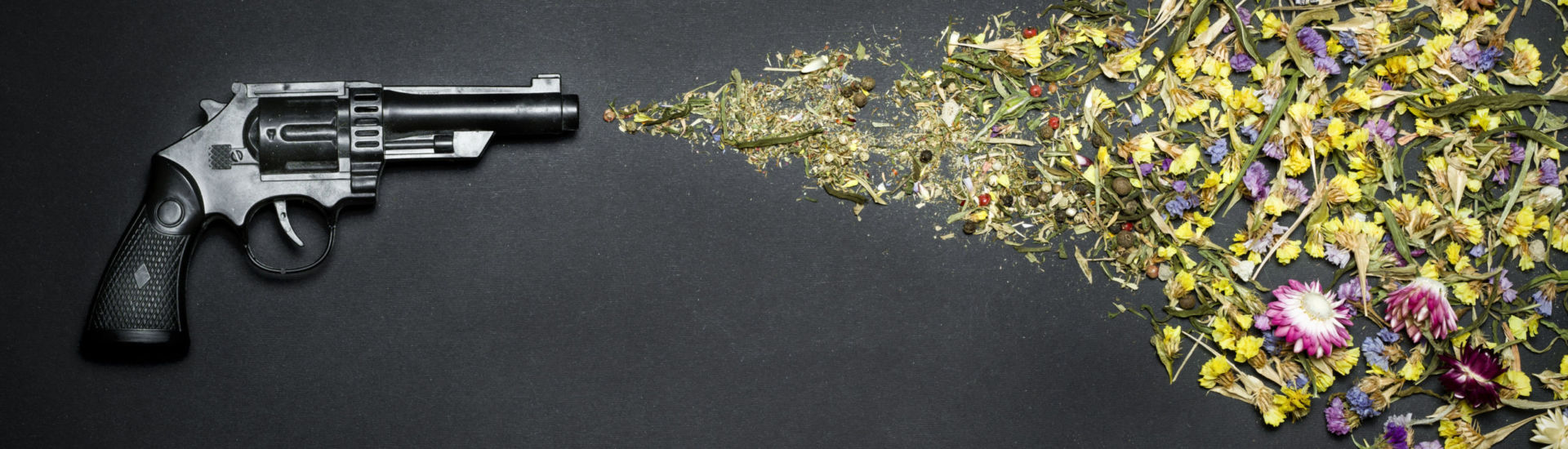 Gun shooting flowers on a black background. The concept of peace