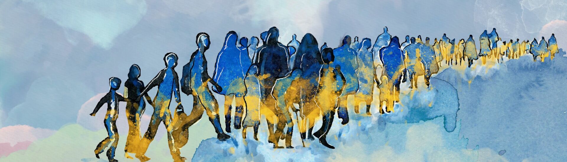 Stop War! Peace for Ukraine! Refugees concept. Watercolor.