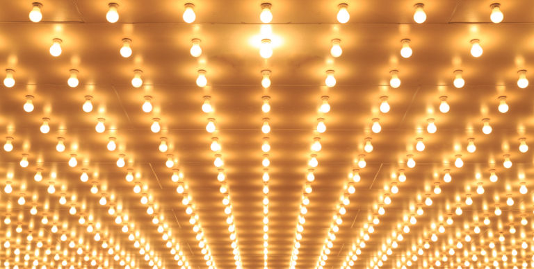 Aligned theater lights of Chicago Theater. Casino lights
