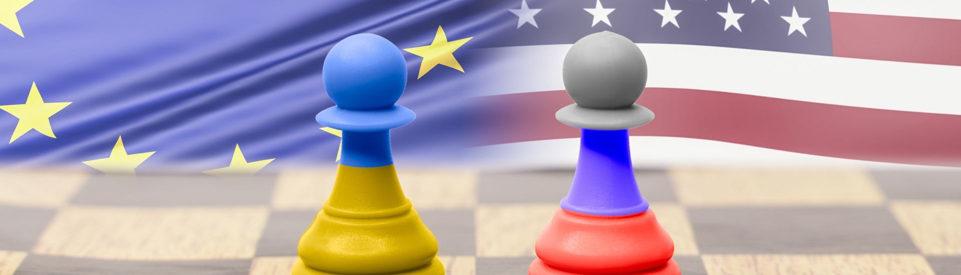 Chess pawns with Russian and Ukrainian flags with EU and USA in the background