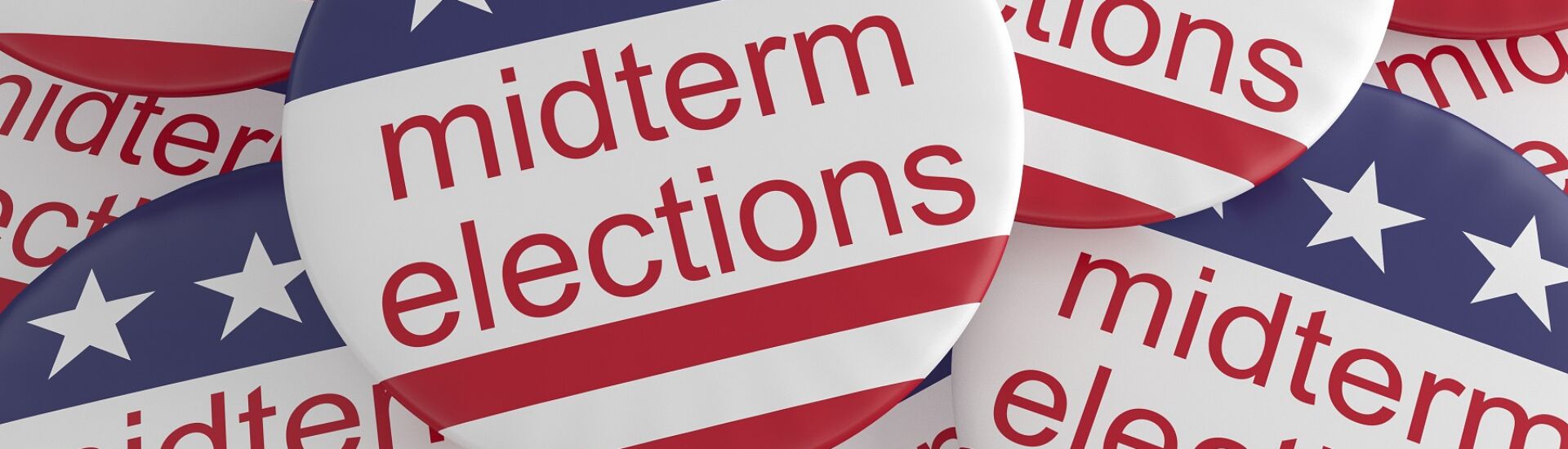 USA Politics News Badges: Pile of Midterm Elections Buttons With US Flag, 3d illustration