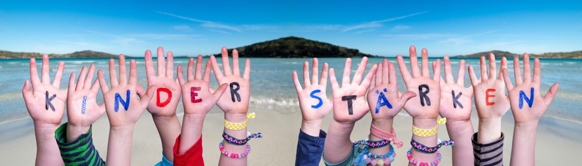 Children Hands, Kinder Staerken Means Strengthen Children, Ocean Background