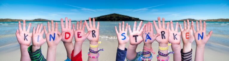 Children Hands, Kinder Staerken Means Strengthen Children, Ocean Background