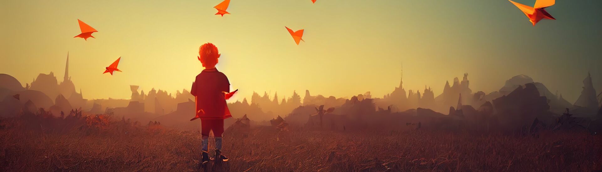 A boy lets paper airplanes fly against the sunset, dream illustration