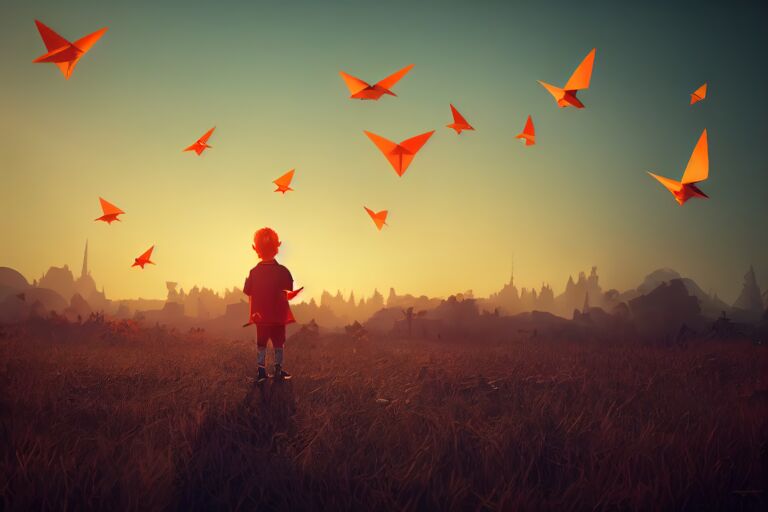 A boy lets paper airplanes fly against the sunset, dream illustration