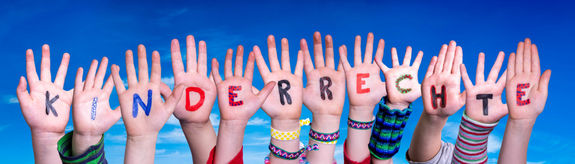 Children Hands Building Word Kinderrecht Means Children Rights, Blue Sky