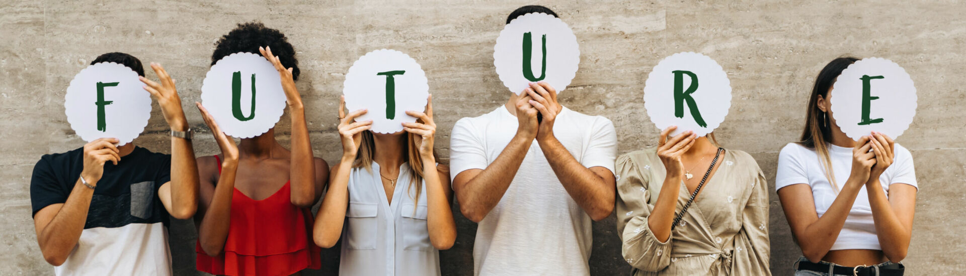 Group of young people hiding their face with the world Future –