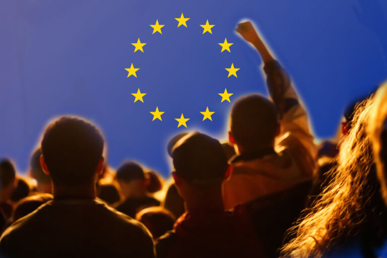 Georgia European Union flag. Conflict war over border. Fire, fla