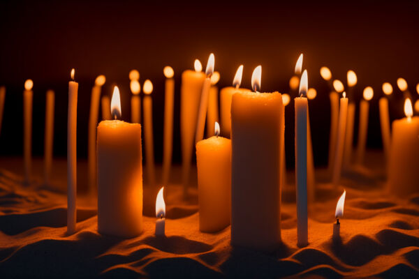Many candles in beach sand at night