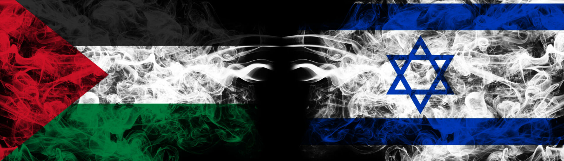 Israel and Palestine war with smoky flags