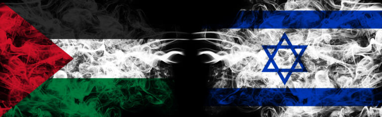 Israel and Palestine war with smoky flags