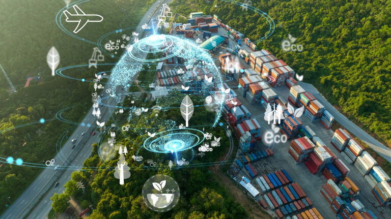 Icon representing the ecological green transportation. Cargo Container yard next the road and surrounded by mountains , forklift truck and cargo at depot working shipping green logistics