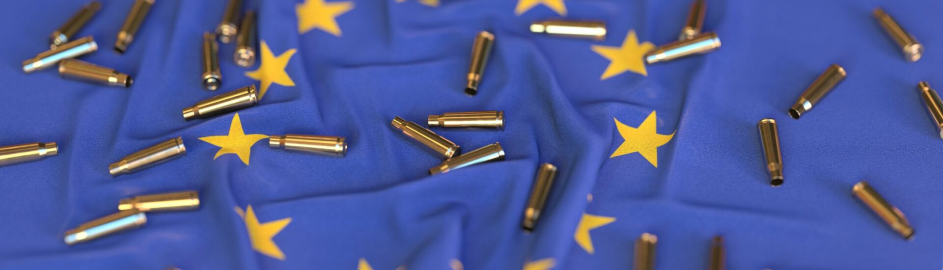 Flag of the European Union and bullet shells. Crime or war related 3D rendering
