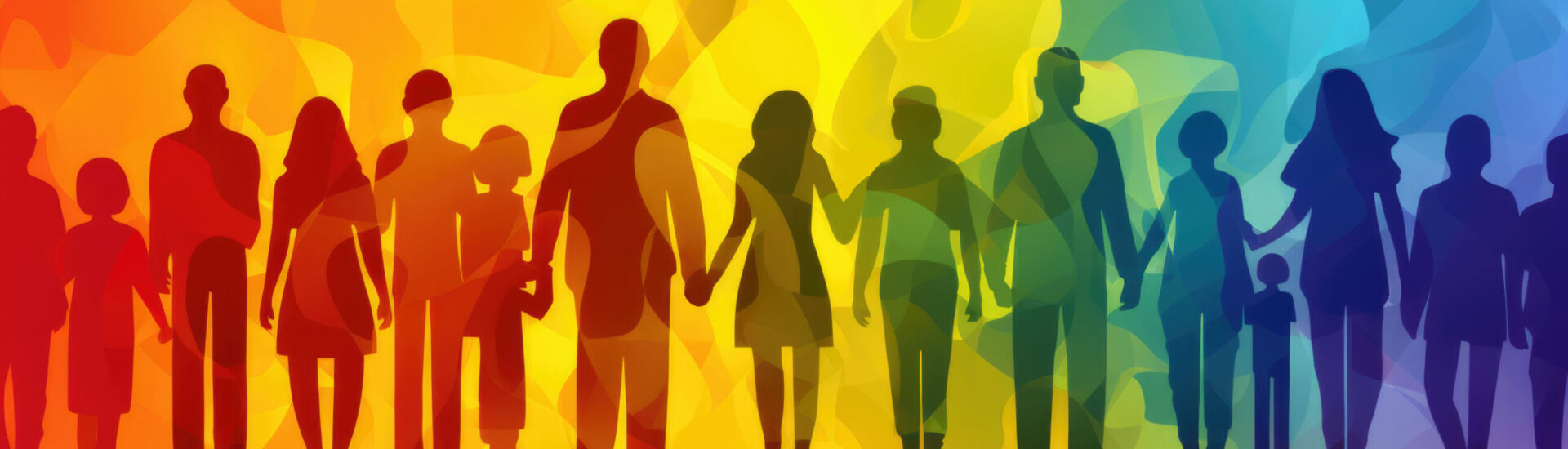 A group of people standing in front of a rainbow background. Generative AI image. Visualization of gender spectrum