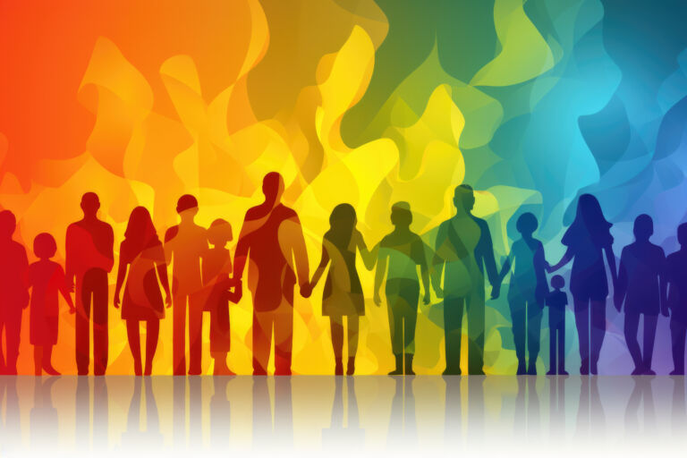A group of people standing in front of a rainbow background. Generative AI image. Visualization of gender spectrum
