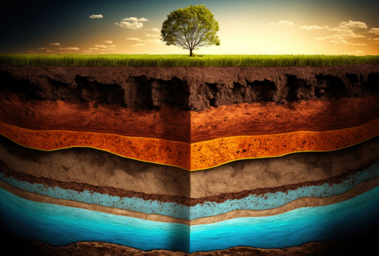 Soil layers study farm, soil slice,  humus, clay, sand and stone