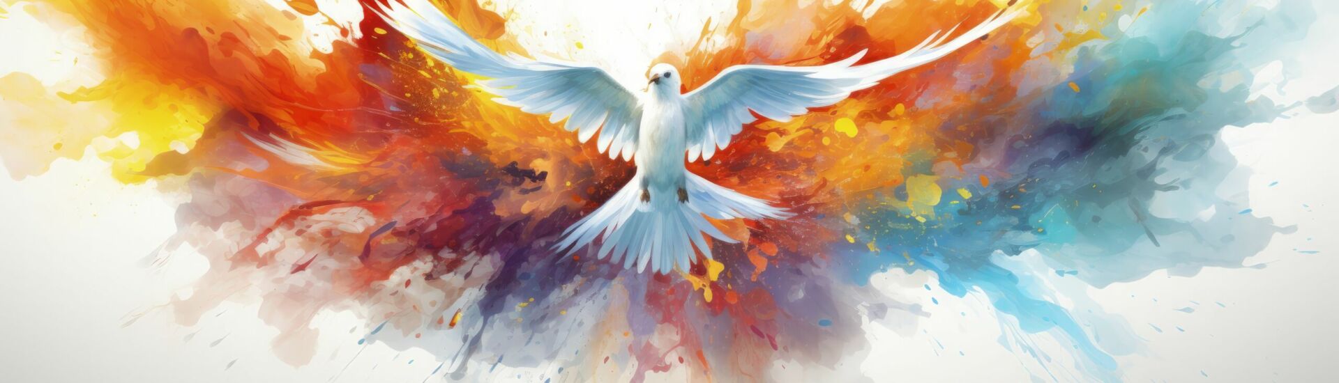 Christian watercolor illustration of Pentecost depicting the descent of the Holy Spirit as a dove and fire suitable for church publications and printing with splatter and stains for added e