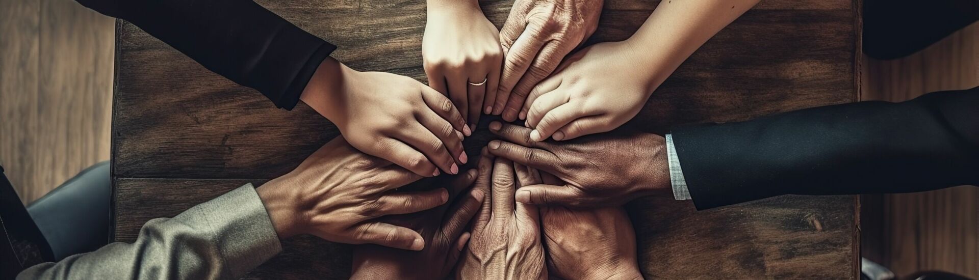 photo business teamwork concept, top view of hands joined together, Generative AI