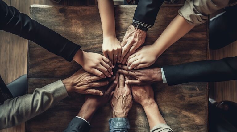 photo business teamwork concept, top view of hands joined together, Generative AI