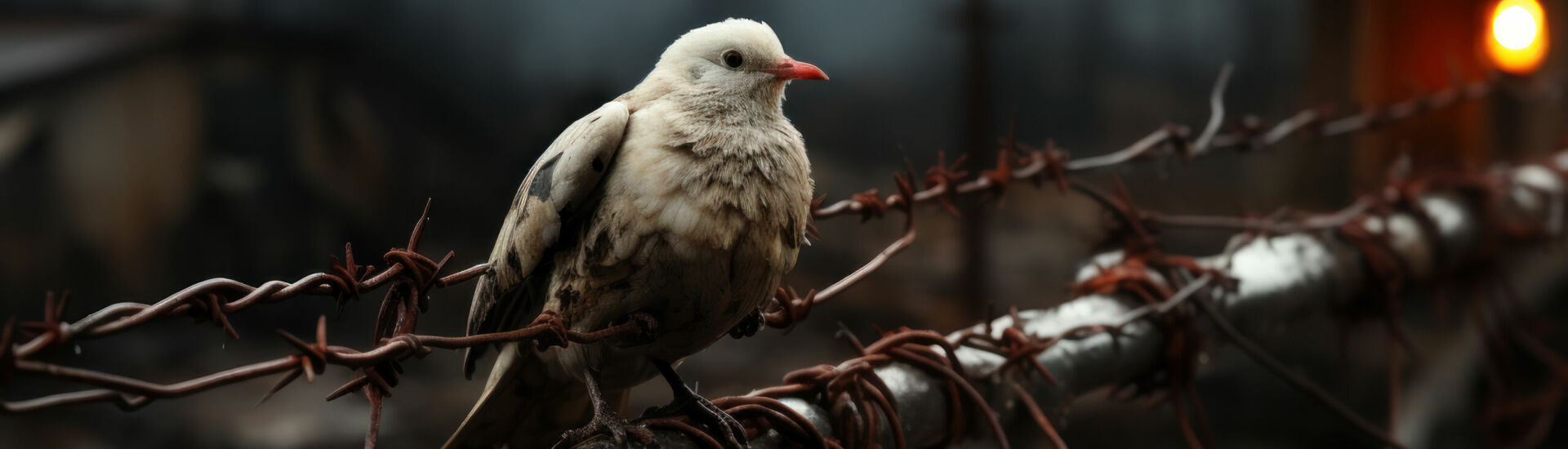 A peace dove perched on a barbed wire fence, symbolizing hope amid destruction. Concept of the yearning for peace in times of conflict. Generative Ai.