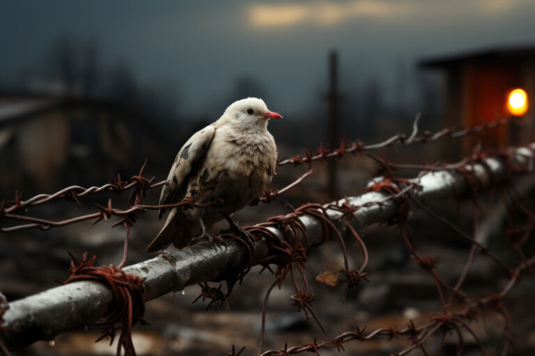 A peace dove perched on a barbed wire fence, symbolizing hope amid destruction. Concept of the yearning for peace in times of conflict. Generative Ai.