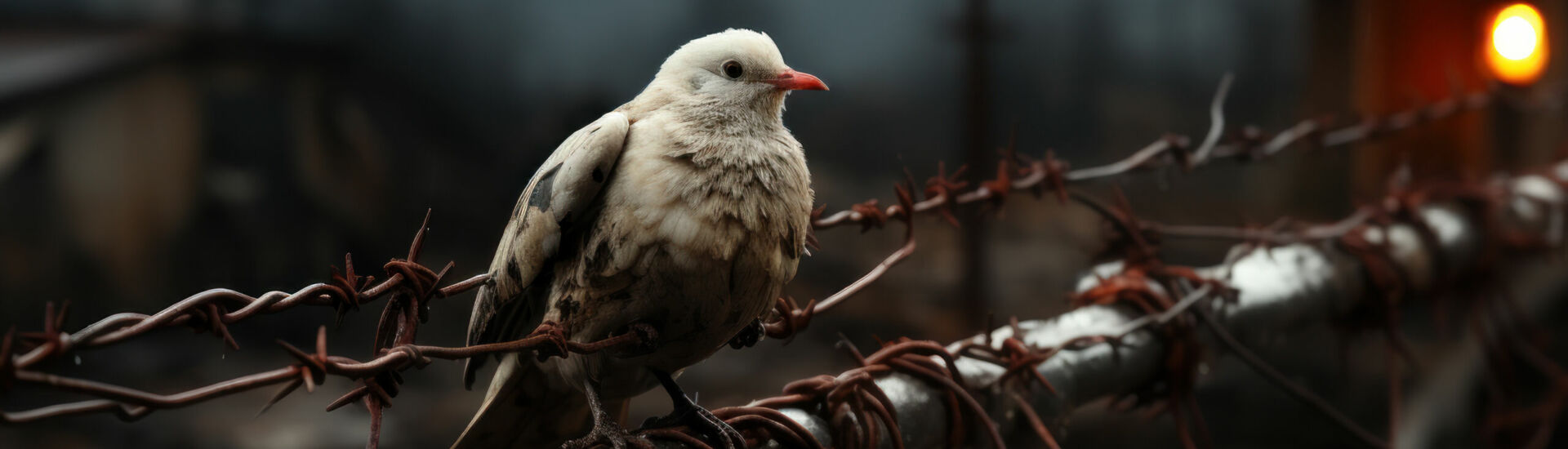 A peace dove perched on a barbed wire fence, symbolizing hope amid destruction. Concept of the yearning for peace in times of conflict. Generative Ai.