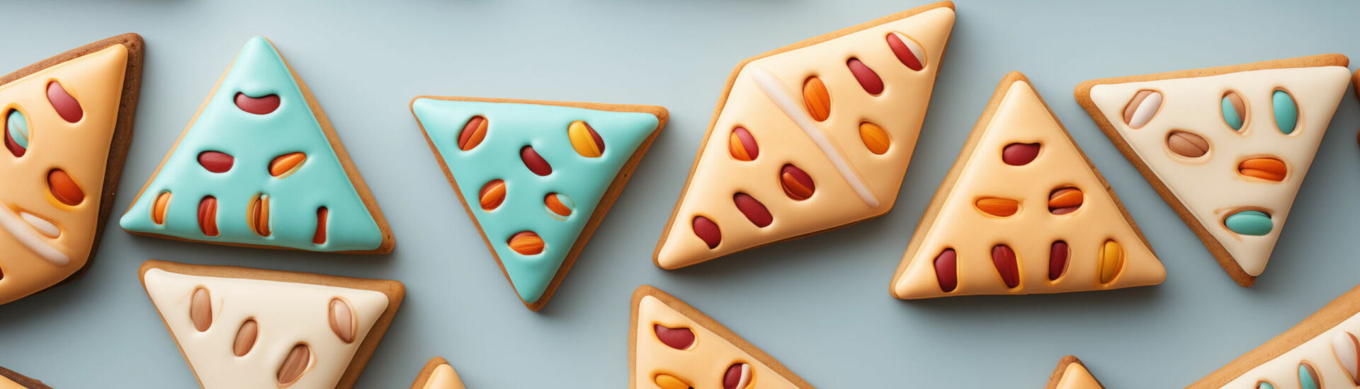 Happy Purim pattern hamantaschen cookies on pastel background. (Happy Purim in Hebrew, jewish holiday celebrate)