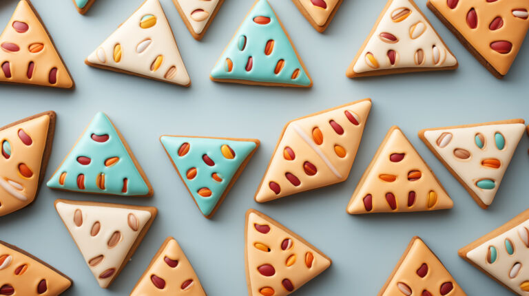 Happy Purim pattern hamantaschen cookies on pastel background. (Happy Purim in Hebrew, jewish holiday celebrate)