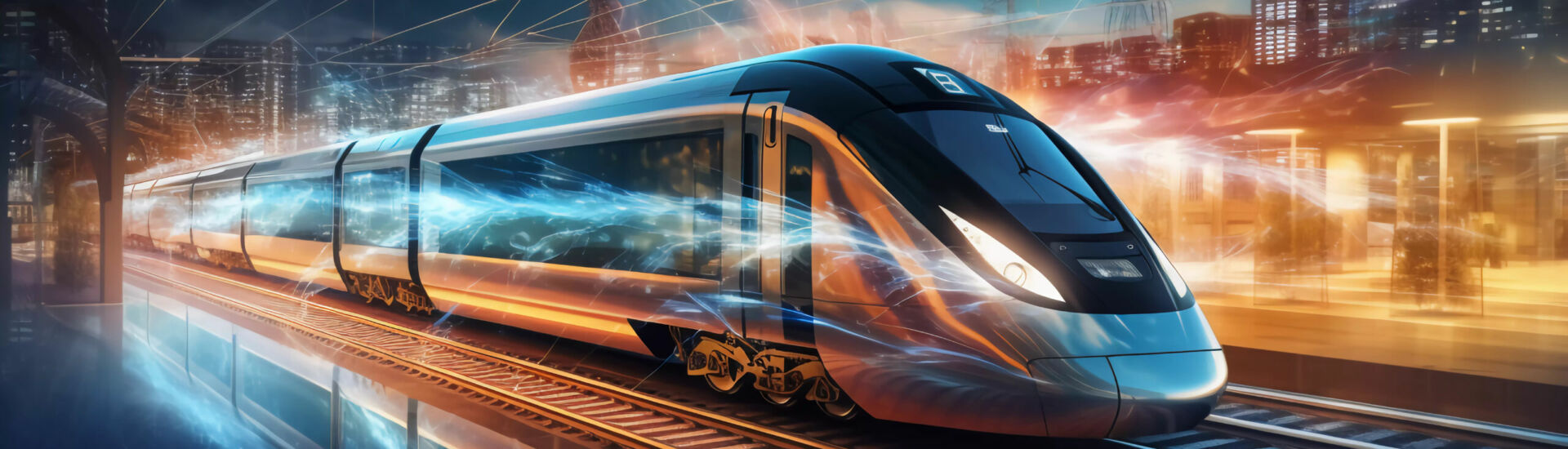Modern high speed train traveling to the technological and innovative future. Digital hologram and internet of things. Network wireless systems concept
