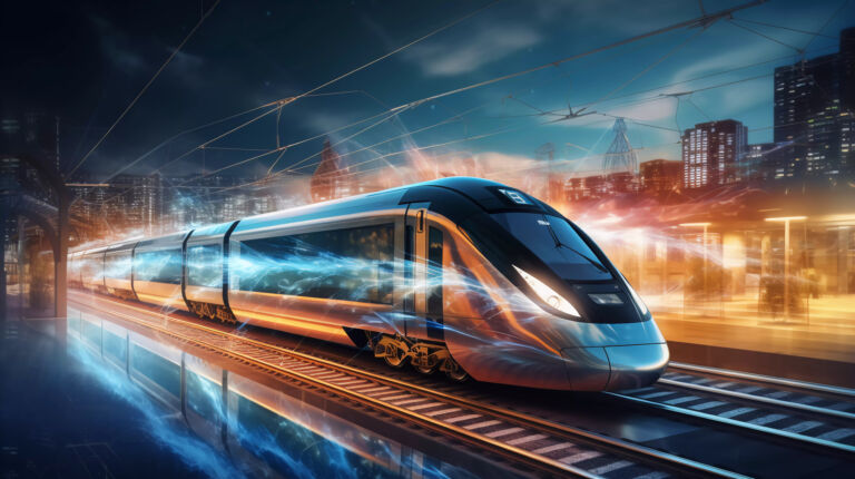 Modern high speed train traveling to the technological and innovative future. Digital hologram and internet of things. Network wireless systems concept