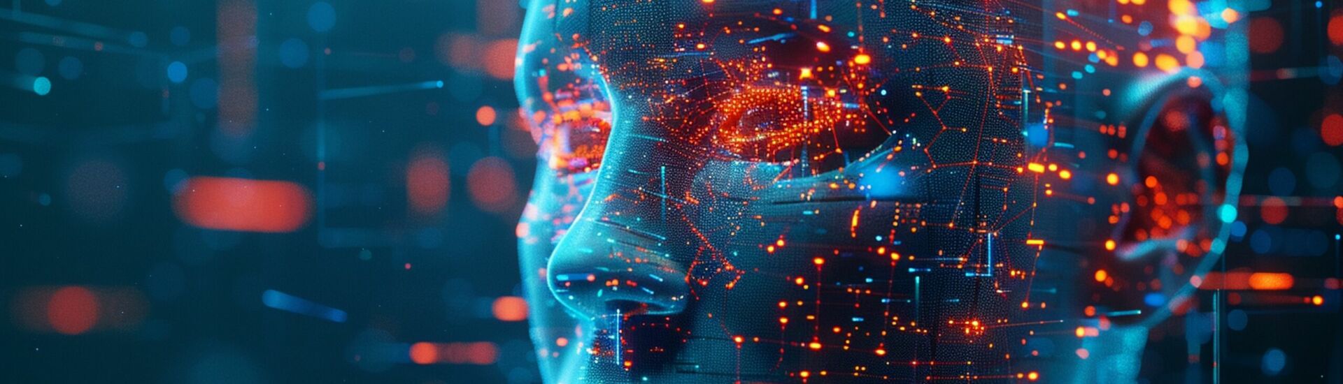 AI or artificial intelligence in image robot head hover over podium in virtual cyberspace Humanoid face of mechanical cyborg with electronic brain or mind Neural network or supercomputer Future