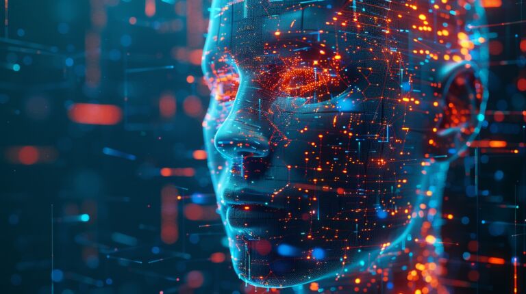 AI or artificial intelligence in image robot head hover over podium in virtual cyberspace Humanoid face of mechanical cyborg with electronic brain or mind Neural network or supercomputer Future