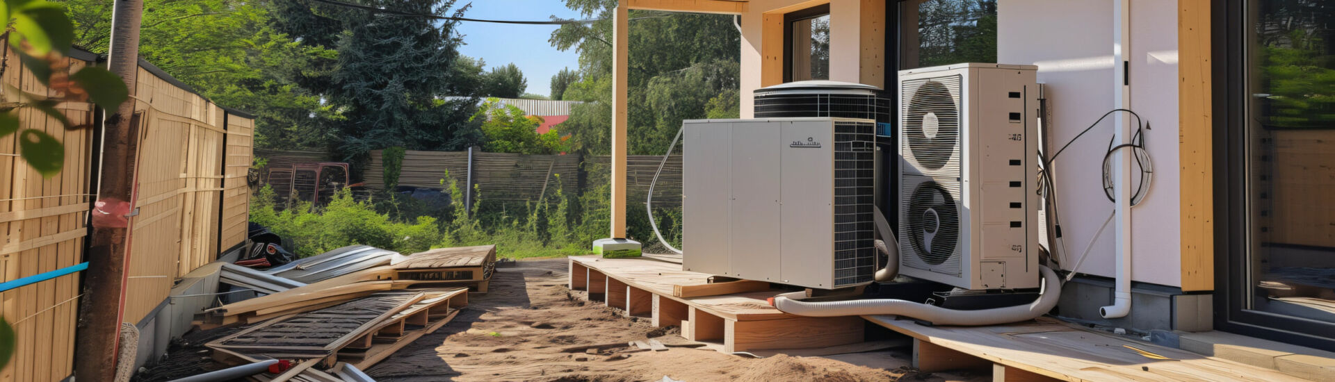 Construction of a heat pump in the yard of a detached house.