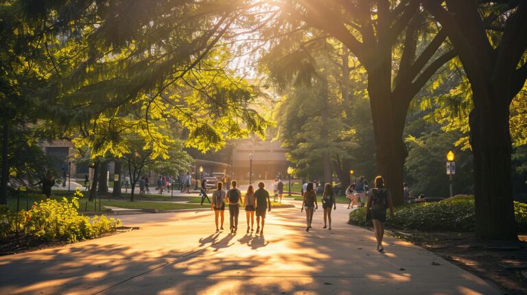 People are walking in various directions, surrounded by lush foliage from trees. In the background, a building is visible, the park in the Spring sun