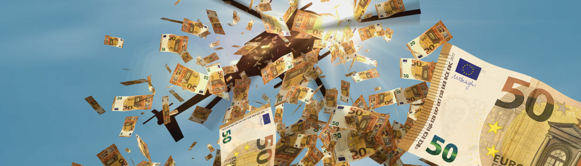 Euro 50 banknotes helicopter money dropping